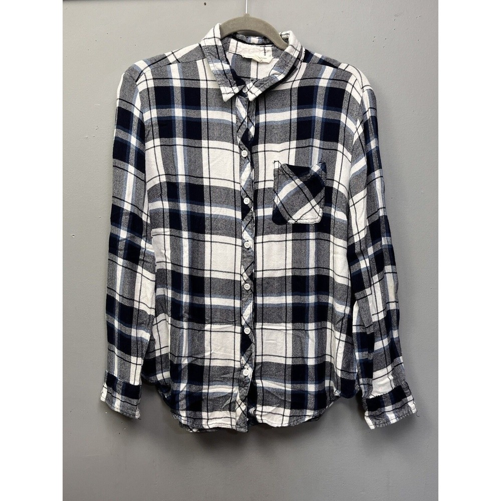 Beachlunchlounge Shirt Womens Medium Blue White Plaid Button Back Rayon Top